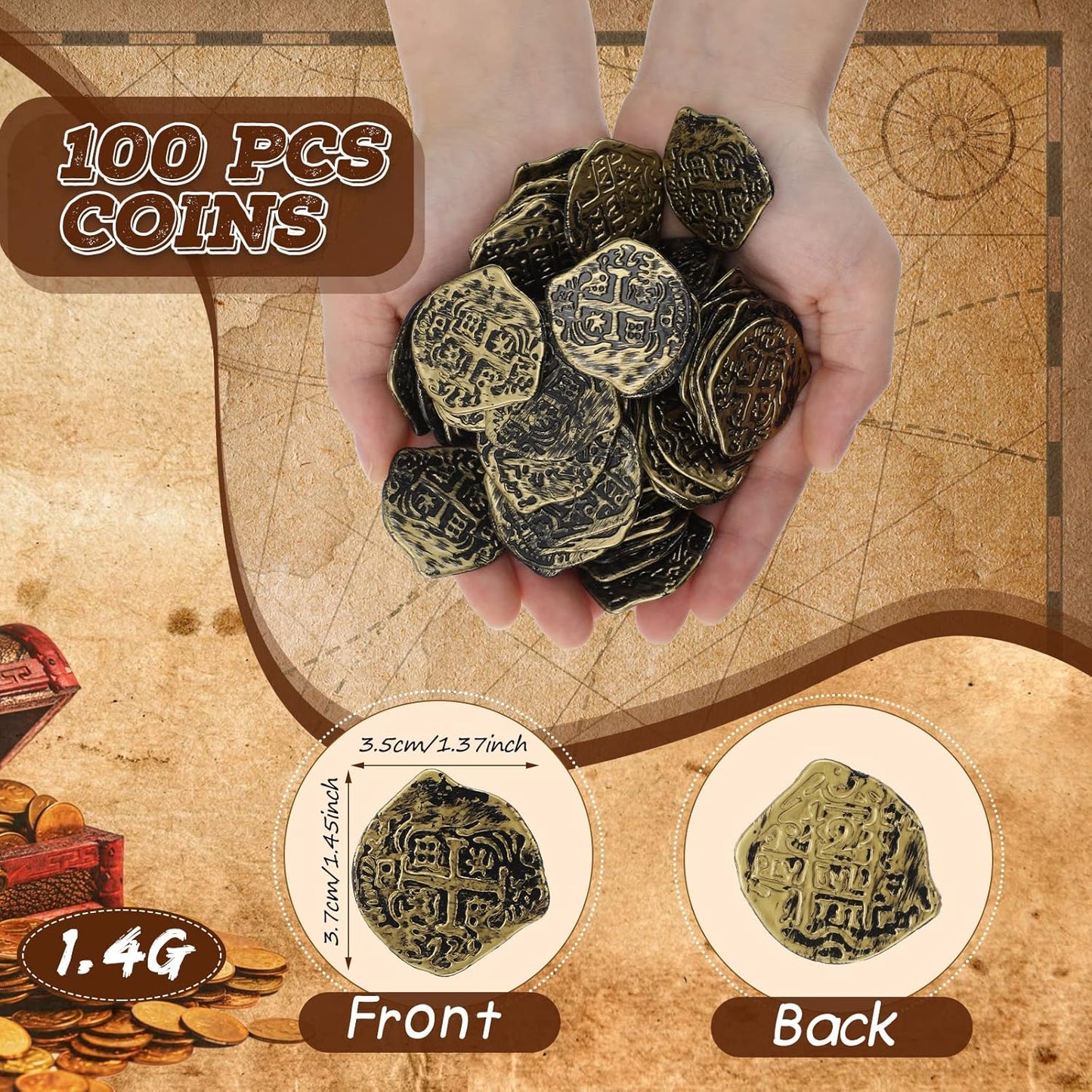 Hanaive 100 Pcs Pirate Coins Plastic Kids Fake Play Coins Replica Spanish Doubloons for Pirate Party Treasure Chest Board Games Tokens Toys Cosplay St. Patrick's(Bronze)