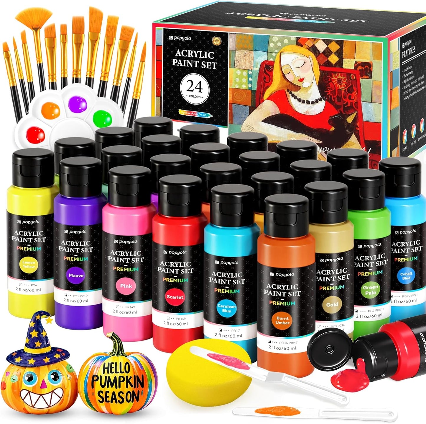 40 PCS Acrylic Paint Set with 12 Brushes, 2 Knives & Palette, 24 Colors (2oz/60ml) Art Craft Paint for Adults Kids Artists Beginners, Halloween Pumpkin Canvas Ceramic Rock Painting Kit
