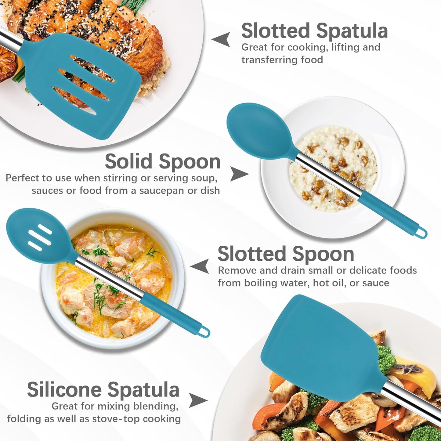 Silicone Spatula Spoon Set, 4 PCS Silicone Cooking Utensils Spatula Spoon Set with Stainless Steel Handle, BPA Free Kitchen Turners for Frying, Mixing, Serving, Draining, Turning, Stirring, Blue