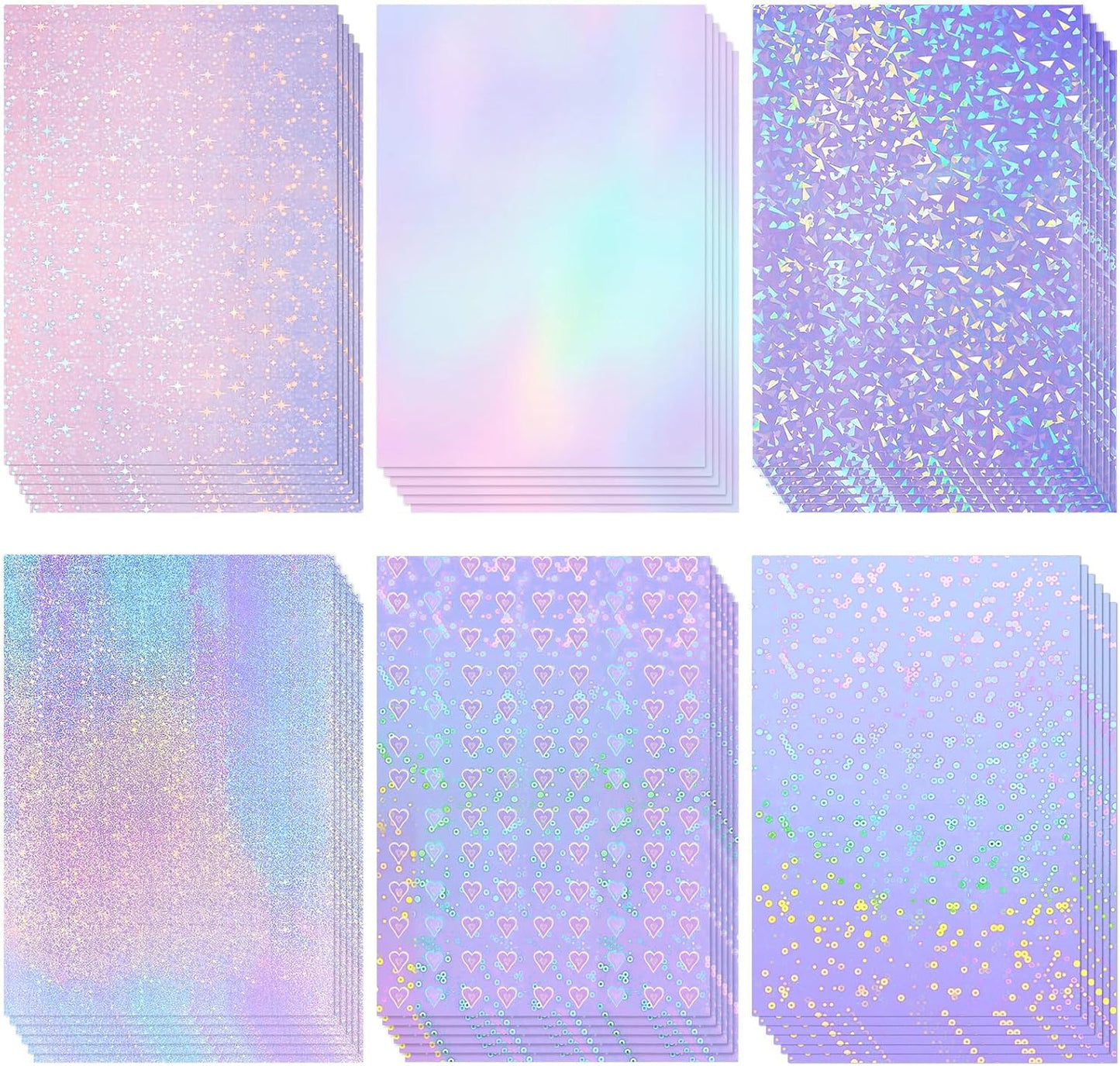 Clabby 36 Sheets Holographic Sticker Paper A4 Vinyl Sticker Paper Self Adhesive Waterproof Transparent Film, 11.7 x 8.3 inches(Gem, Dot, Colorful, Star, Heart, Sand Star)