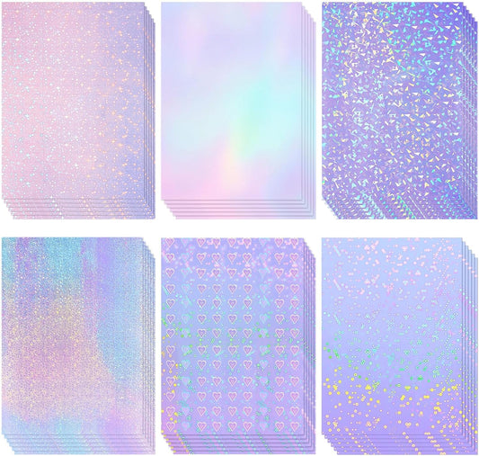Clabby 36 Sheets Holographic Sticker Paper A4 Vinyl Sticker Paper Self Adhesive Waterproof Transparent Film, 11.7 x 8.3 inches(Gem, Dot, Colorful, Star, Heart, Sand Star)