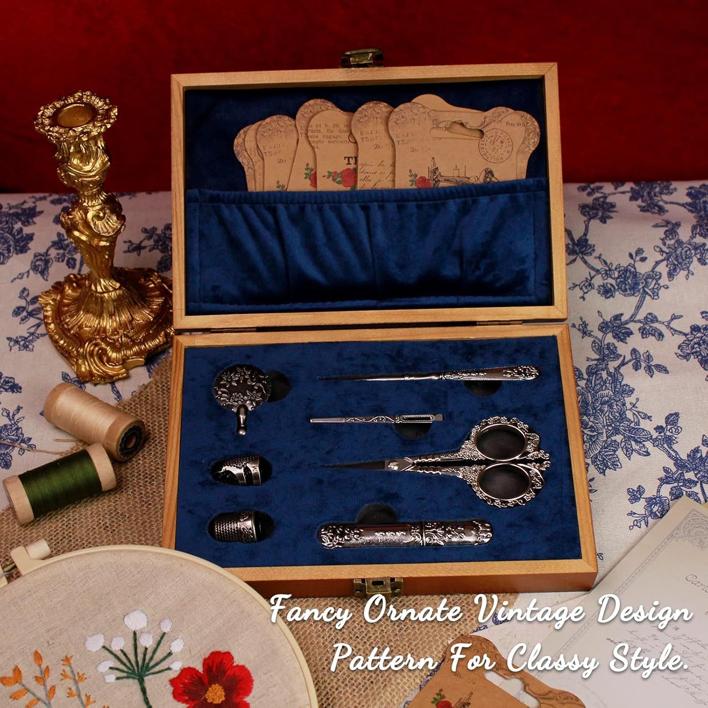 Vintage Embroidery Scissors Kit, Victorian Needlework Gift Set with Antique Shear, Thread Cutter, Thimbles, Needles, Awl, Bodkin, Winding Board for Sewing, Knitting, Cross Stitch, Quilting