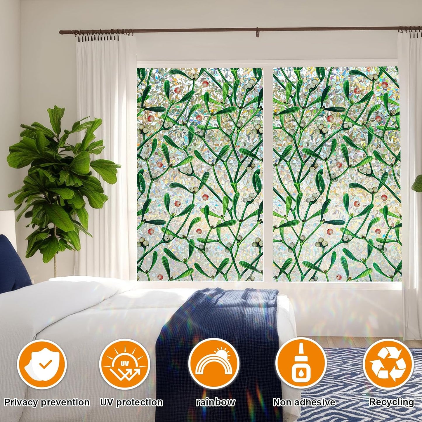 Window Privacy Film Stain Glass Window Film Rainbow Window Film Window clings Non-Adhesive Reusable Decorative for Room (Mistletoe Rainbow, 45.2 x 78.7 in)
