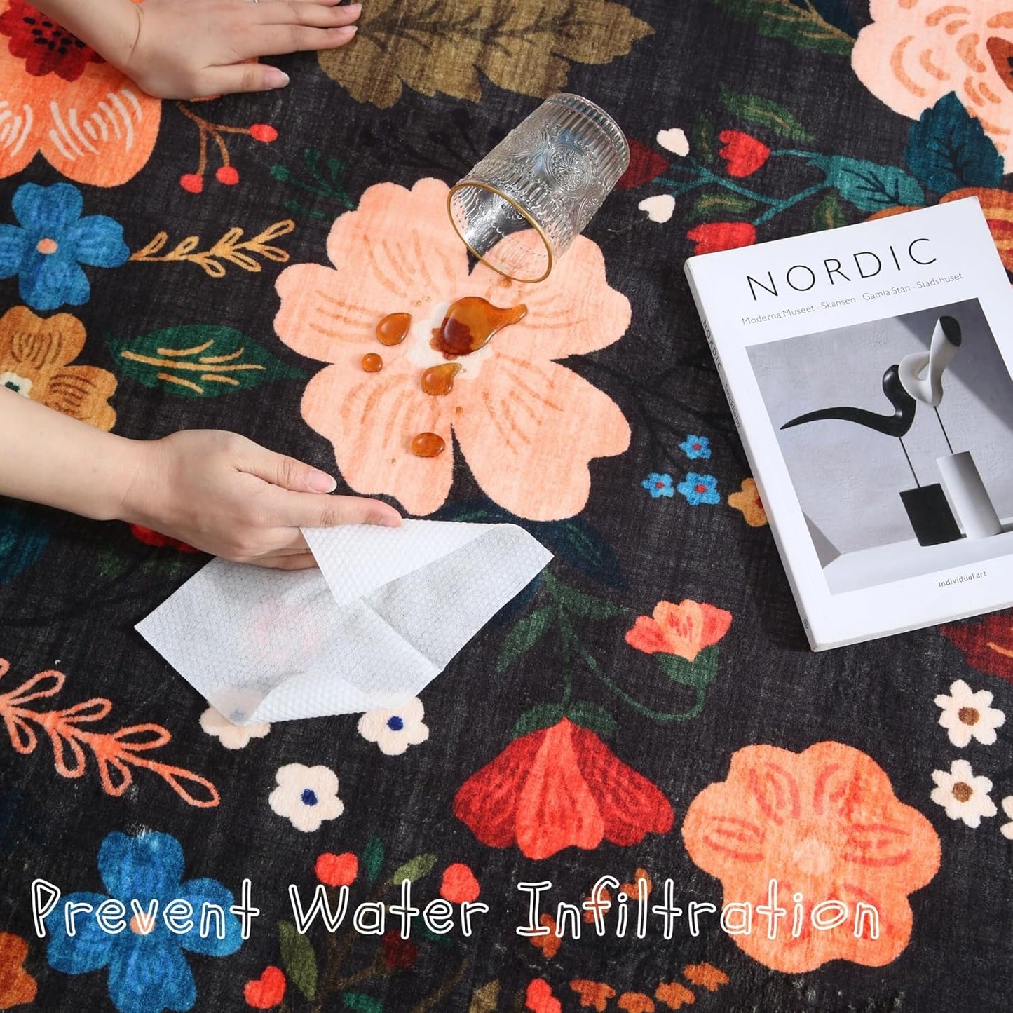 Rugcomf Area Rugs 9x12 Living Room Clearance Washable Boho Rug Non Slip Floral Vintage Low Pile Large Rug for Living Room, Bedroom, Farmhouse, Dining Room, Kids Playroom(Black)