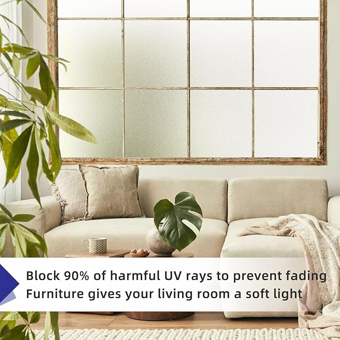Frosted Window Privacy Film Non-Adhesive Static Cling Bathroom Decorative Stickers Heat Control UV Blocking Opaque Glass Window Coverings Film for Home Front Door Office 17.5 Inch X 7.8 Feet