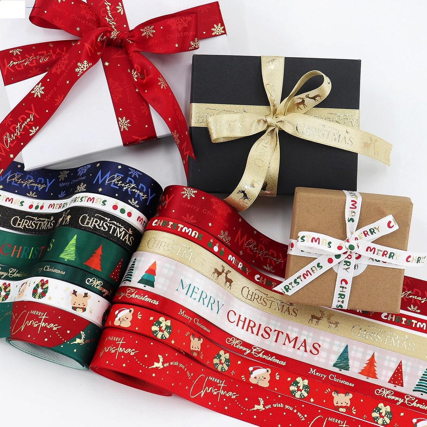 Christmas Gift Wrapping Ribbon, Red, Green, 2 Rolls Printed Grosgrain Ribbons for Crafts, Floral Bouquets, Sewing, Party and Festive Holiday Decor (2 Rolls(Black/Gold), 1 Rolls=5/8in * 5Yards)