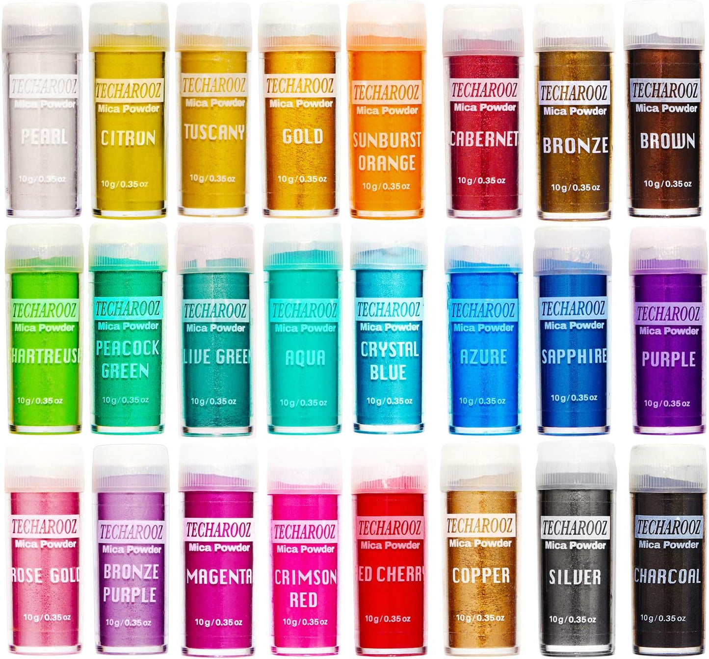 TECHAROOZ Mica Powder Set - 24 Cosmetic Grade Pigment Colors (10g Each) for Soap Making, Epoxy Resin, Lip Gloss, Nails, Bath Bombs & Slime