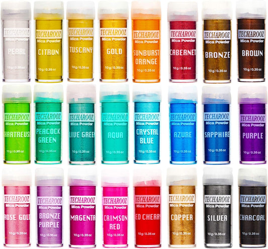 TECHAROOZ Mica Powder Set - 24 Cosmetic Grade Pigment Colors (10g Each) for Soap Making, Epoxy Resin, Lip Gloss, Nails, Bath Bombs & Slime