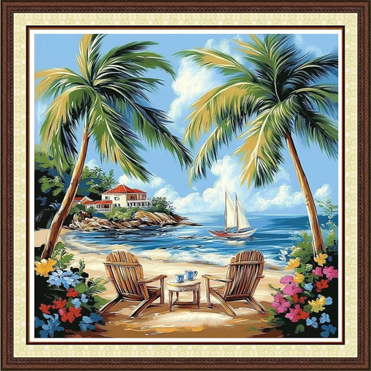 Findvoor Counted Cross Stitch Kits for Adults Full Range of Cross Stitching Embroidery Unprinted Pattern for Beginners, 11CT Needlepoint Kit Patterns Embroidery Kits-Drinking Tea Tree 18x18 inch