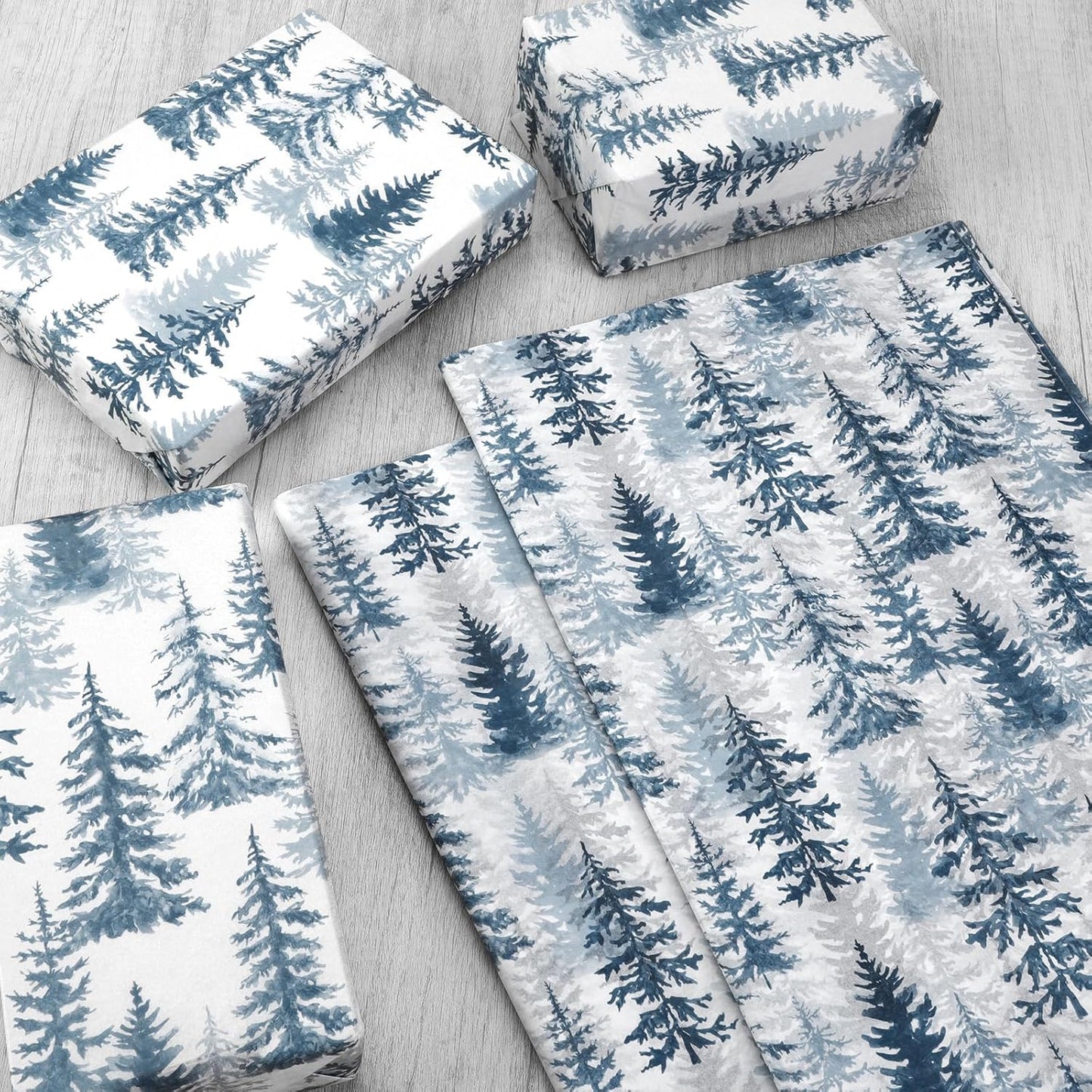 100 Sheets Christmas Tree Tissue Paper, 20x14in Forest Style Wrapping Tissue Watercolor Xmas Tree Art Tissue for Xmas Party Gift Bag Fillers Winter Party Decor (Blue)