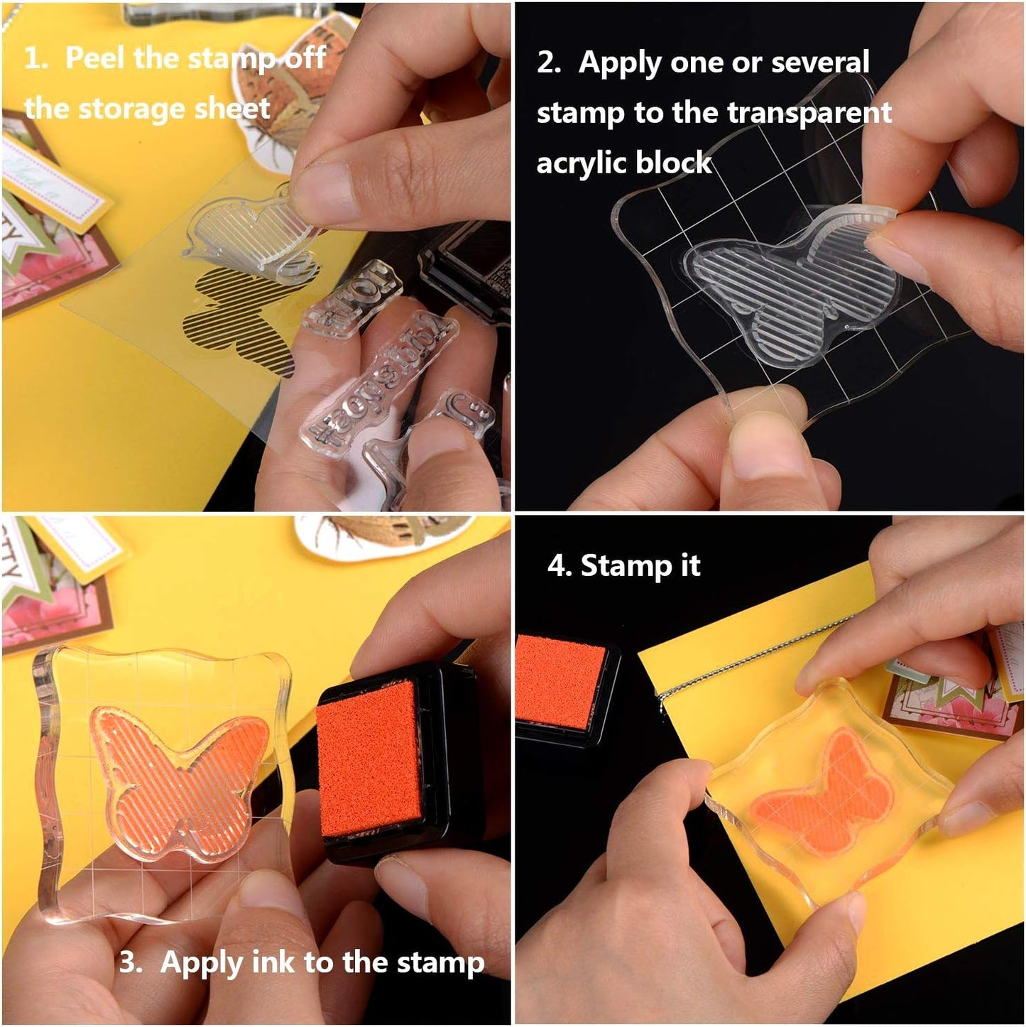 Whaline Large Acrylic Stamp Block Clear Stamping Tools Set with Grid Lines for Art Crafts Scrapbooking, 4 Pack