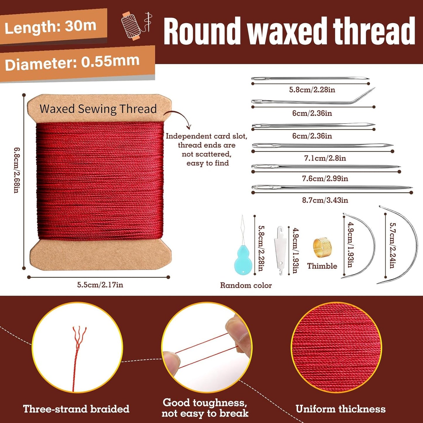 Repair Sewing Kit, Upholstery Needle with 32 Yard Waxed Thread and 8 Pcs Heavy Duty Leather Needles for Hand Stitching, Canvas & Quilting - 0.55mm Round Waxed Thread Dark Red