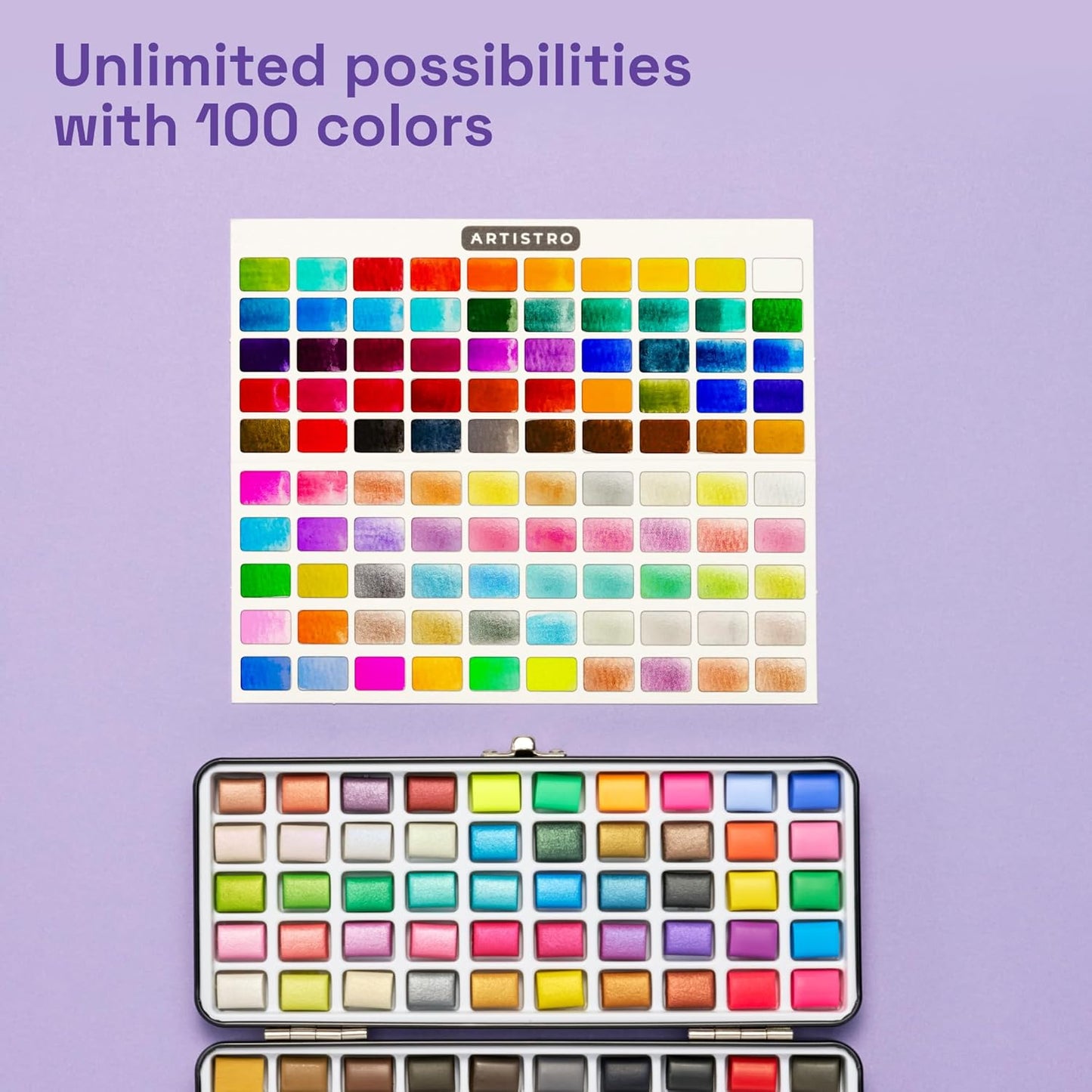 ARTISTRO 100 Watercolor Paint Set, Vivid Colors in Portable Box, Palette set. Perfect Travel Watercolor Set for Artists, Amateur Hobbyists and Painting