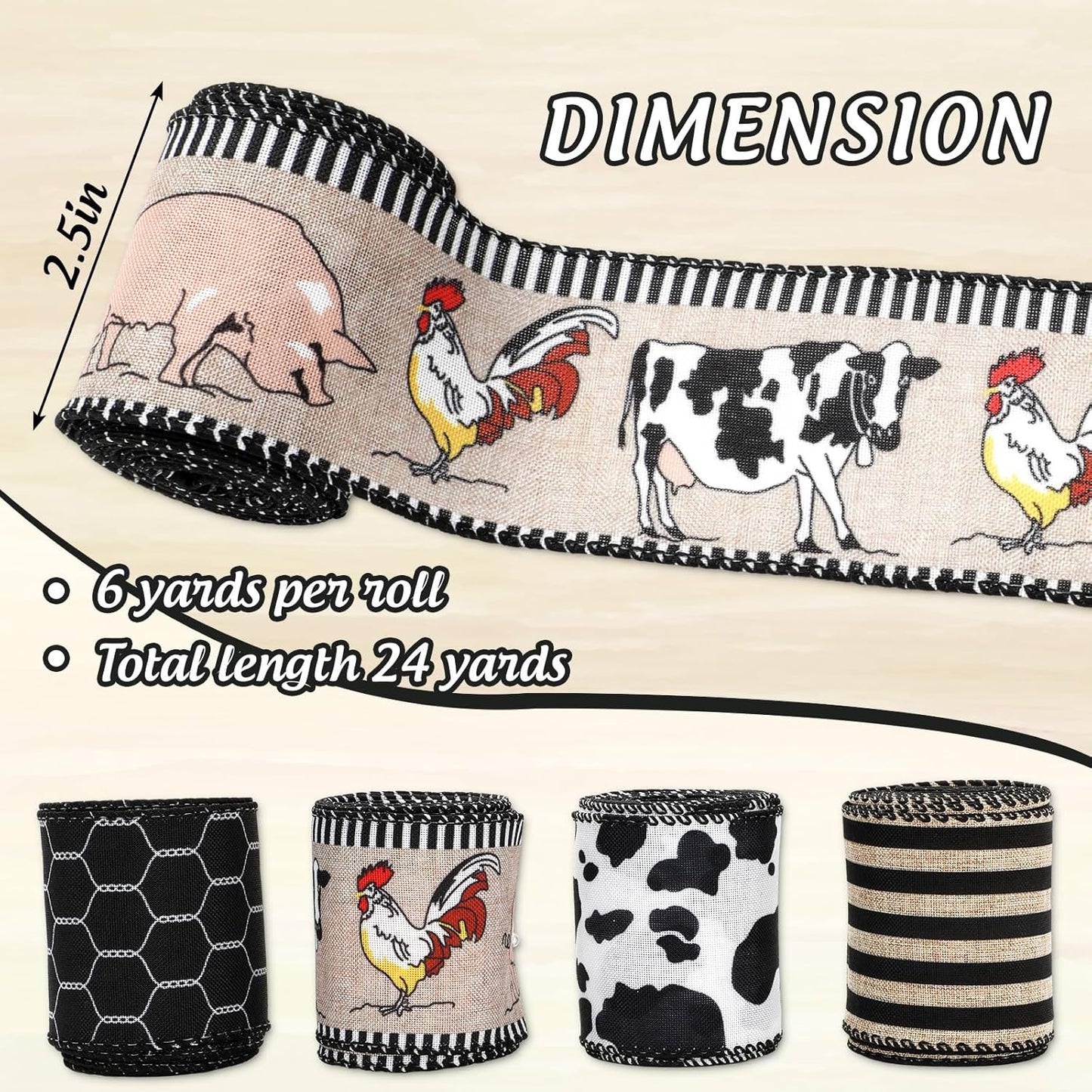 Farmhouse Animal Wired Edge Ribbons Cow Chick Pig Stripe Chicken Wire Decorative Fabric Wrapping Ribbons for DIY Crafts Wreath Bow Making Supplies, 4 Rolls, 24 Yard