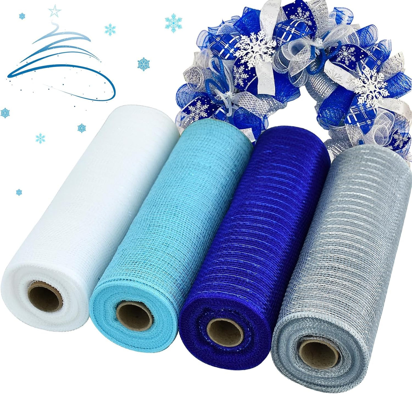 TONIFUL 4 Rolls 10 Inch Blue/Silve/White Decorative Mesh Ribbbon Rolls, for Wreath Supplies Front Door Wreath Craft Tree Decor Christmas NewYears Blue Decoration (30ft/roll, 120ft/Set)
