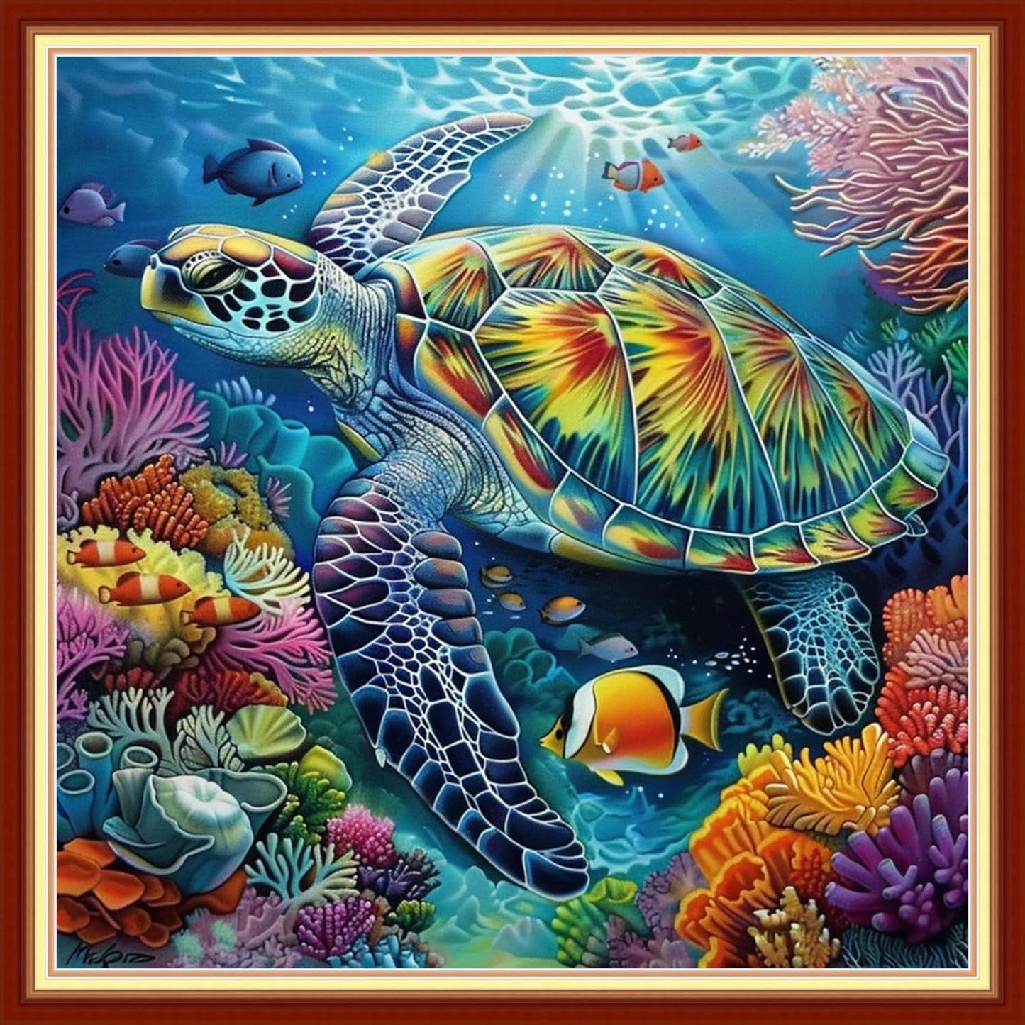 Joyhoor Stamped Cross Stitch Kits for Beginners, Needlepoint Kits for Adults, 11CT Counted Embroidery Kits-Turtle Coral 18x18 inchs