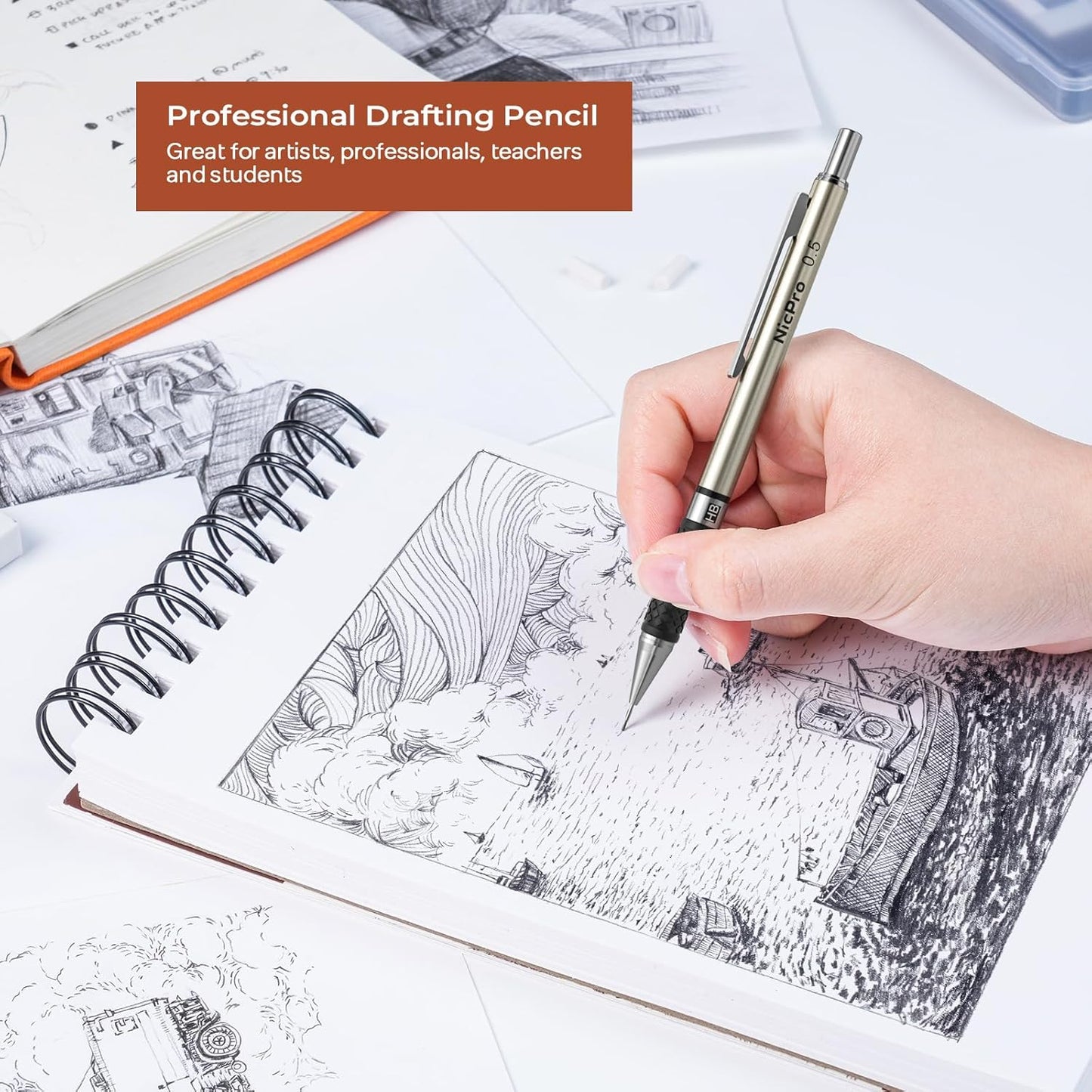 Nicpro 0.7 mm Art Mechanical Pencil Set in Storage Case, 3 PCS Metal Drafting Pencil Lead Pencil with 6 Tube HB Lead Refills, 3 Erasers, 9 PCS Eraser Refills for Artist Writing, Drawing, Sketching