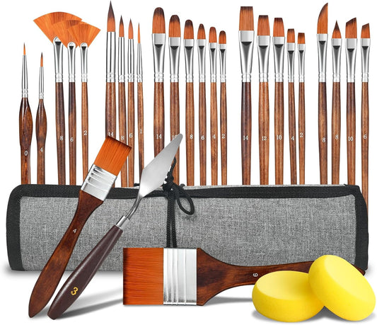 29 pcs Paint Brush Set,GETHPEN Acrylic Paint Brushes,Artist Series with Wide Flat,Round, Filbert, Flat, Fan,Angle,Dagger,Cat Tongue,Detail Brush,Rigger for Oil,Acrylic Canvas Paintings,Face Painting