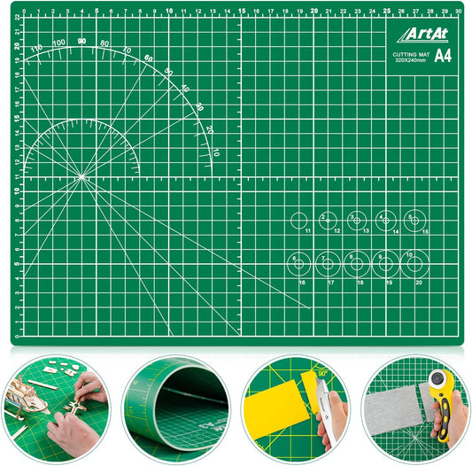 ArtAt Self Healing Cutting Mat: 9"x12" Non-Slip PVC Double Sided 5-Ply A4 Art Craft Rotating Mat, Rotary Cutting Mat for Quilting, Sewing Crafts Hobby Fabric Precision Scrapbooking Project Green