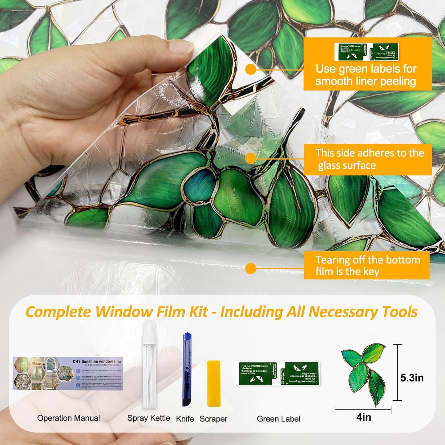 Stained Glass Window Privacy Film Decorative Rainbow Static Clings – Ideal for Home & Office, Adhesive-Free, Removable, UV-Blocking (Green Rainbow, 35.4 X 78.7 in)