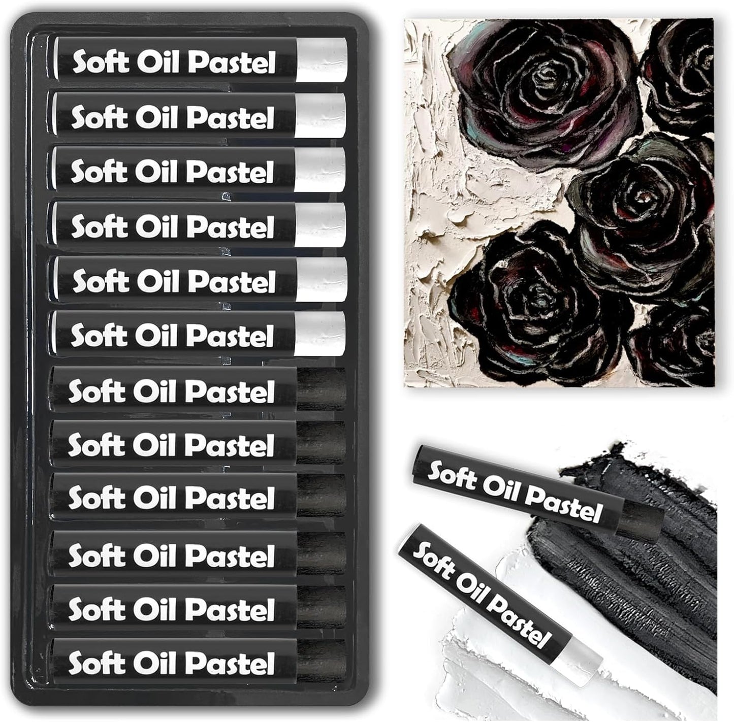qianshan Soft Oil Pastels 12pc Set of 2 Assorted Colors,Non Toxic,Soft Texture Vibrant and Creamy Oil Crayons Pastels Art Supplies For Professional Artists Beginners Drawing.Black&White
