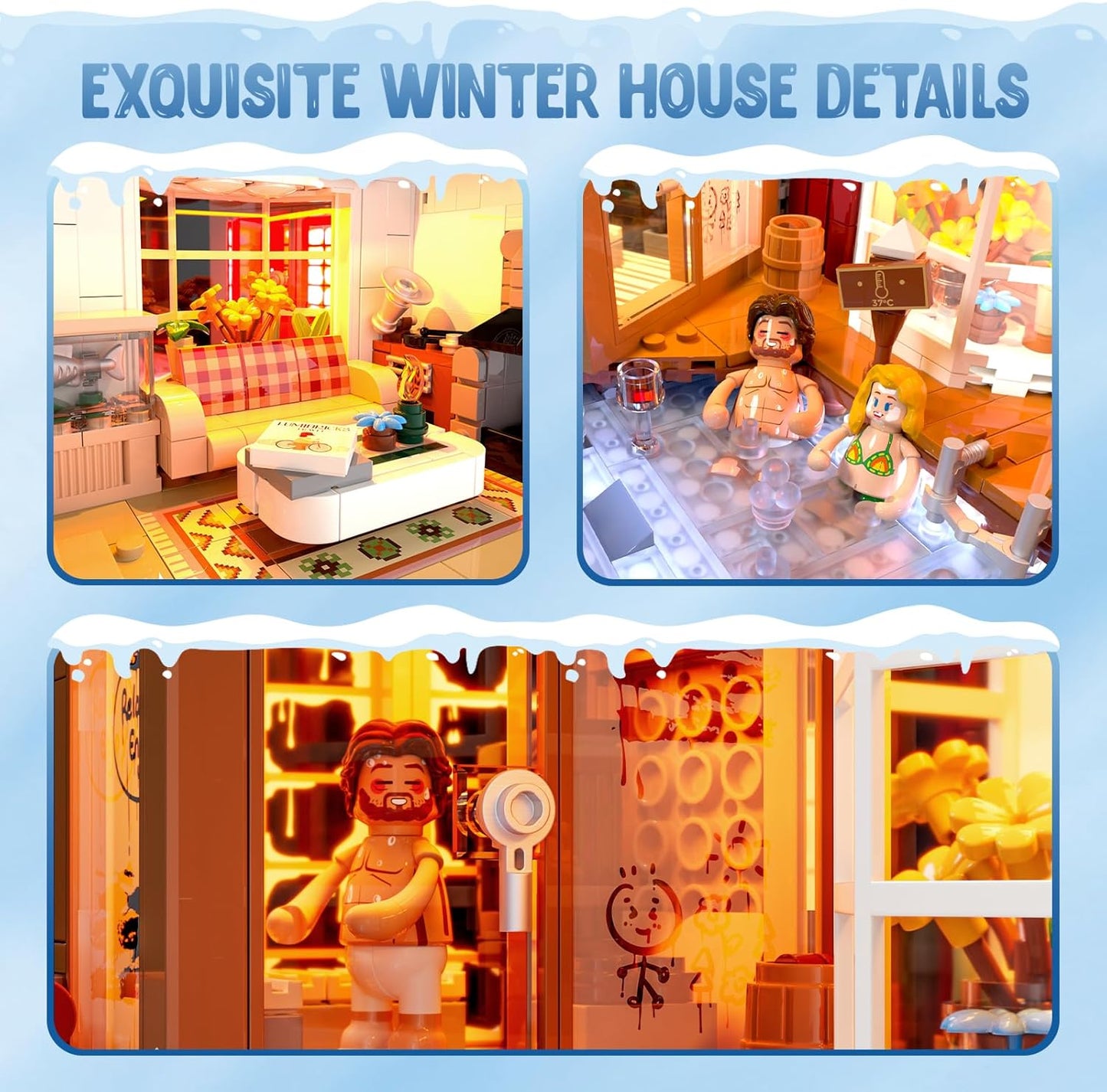 Spa-Cabin Winter Lighting-Building-Bricks Set - 2235 Pcs Christmas House Winter Lodge LED Light Construction Building Christmas Village Model Set for Adults and Families