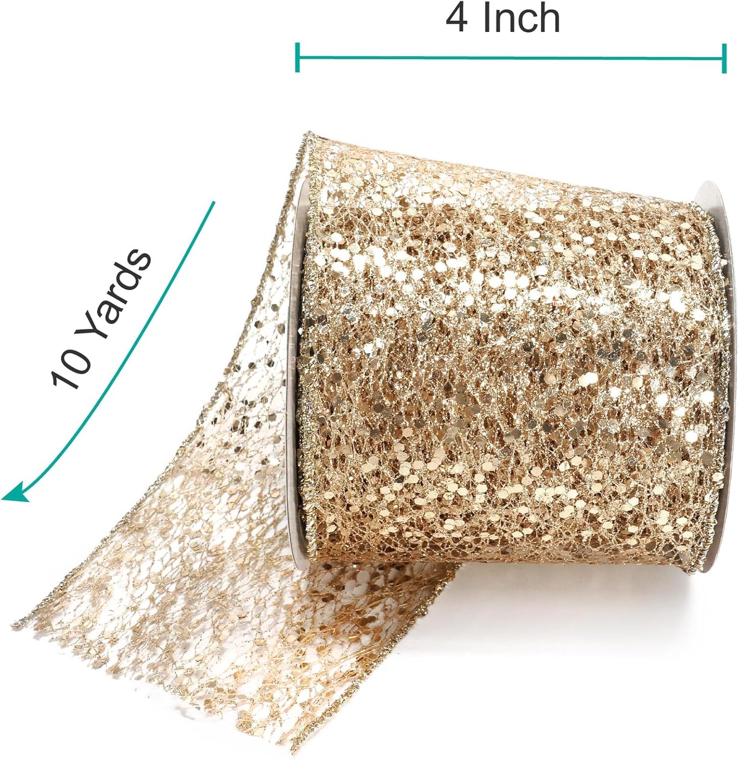 CT CRAFT LLC Sparkling Glitter Mesh Wired Ribbon 4" x 10 Yards Champagne Gold for Christmas Home Decor Bow Gift Wrapping DIY Crafts Wreath