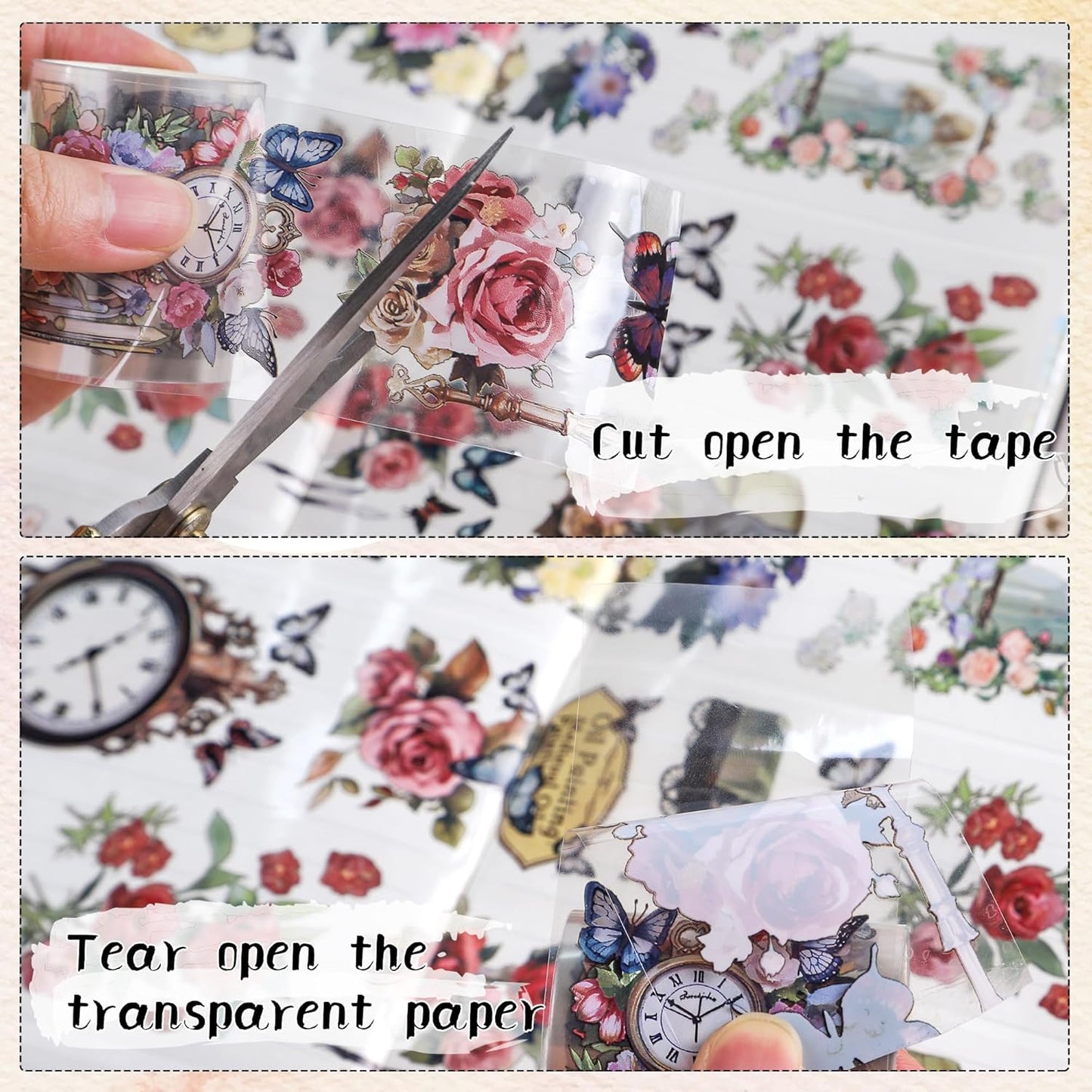 Vintage Flower PET Tape - Flower Butterfly Transparent Tape Junk Journal Supplies, Angel Cat Scrapbooking Tapes for Art Crafts Decorative Scrapbook Journal, Aesthetic Junk Journal Supplies