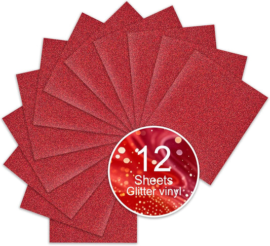 Red Glitter Heat Transfer Vinyl, 12 Pcs 12"x10" Iron-On Vinyl Sheets – Easy to Cut & Weed, No-Flake, Washable Glitter HTV, Compatible with Cricut – Perfect for 4th of July Shirts & Patriotic Crafts