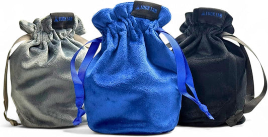 Luck Lab Velvet Drawstring Dice Bag - Set of Three Colors - Dungeons and Dragons Fabric/Standing Cotton Fabric Dice Bags/D&D Dice Pouch/Small Pouch/Velvet Jewelry Bag (Blue, Black, Grey)