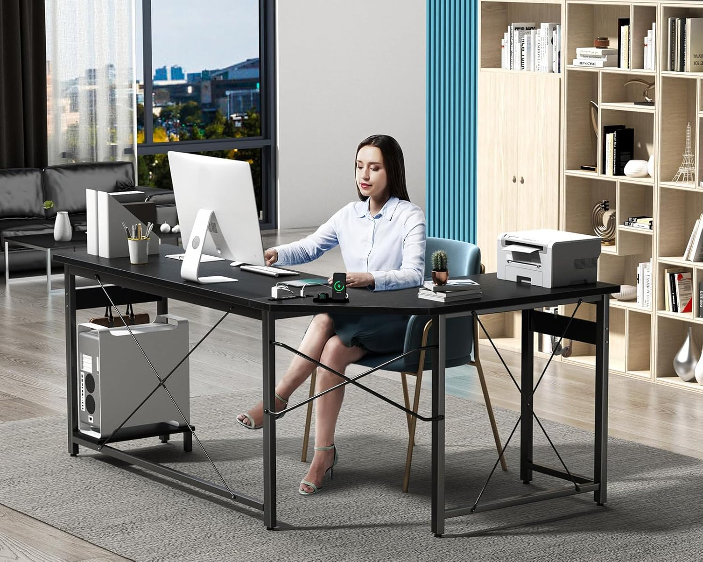 Coleshome 59" L Shaped Gaming Desk with Outlet, L Shaped Desk with CPU Stand, Corner Computer Desk, Home Office Desk, Writing Desk, Black