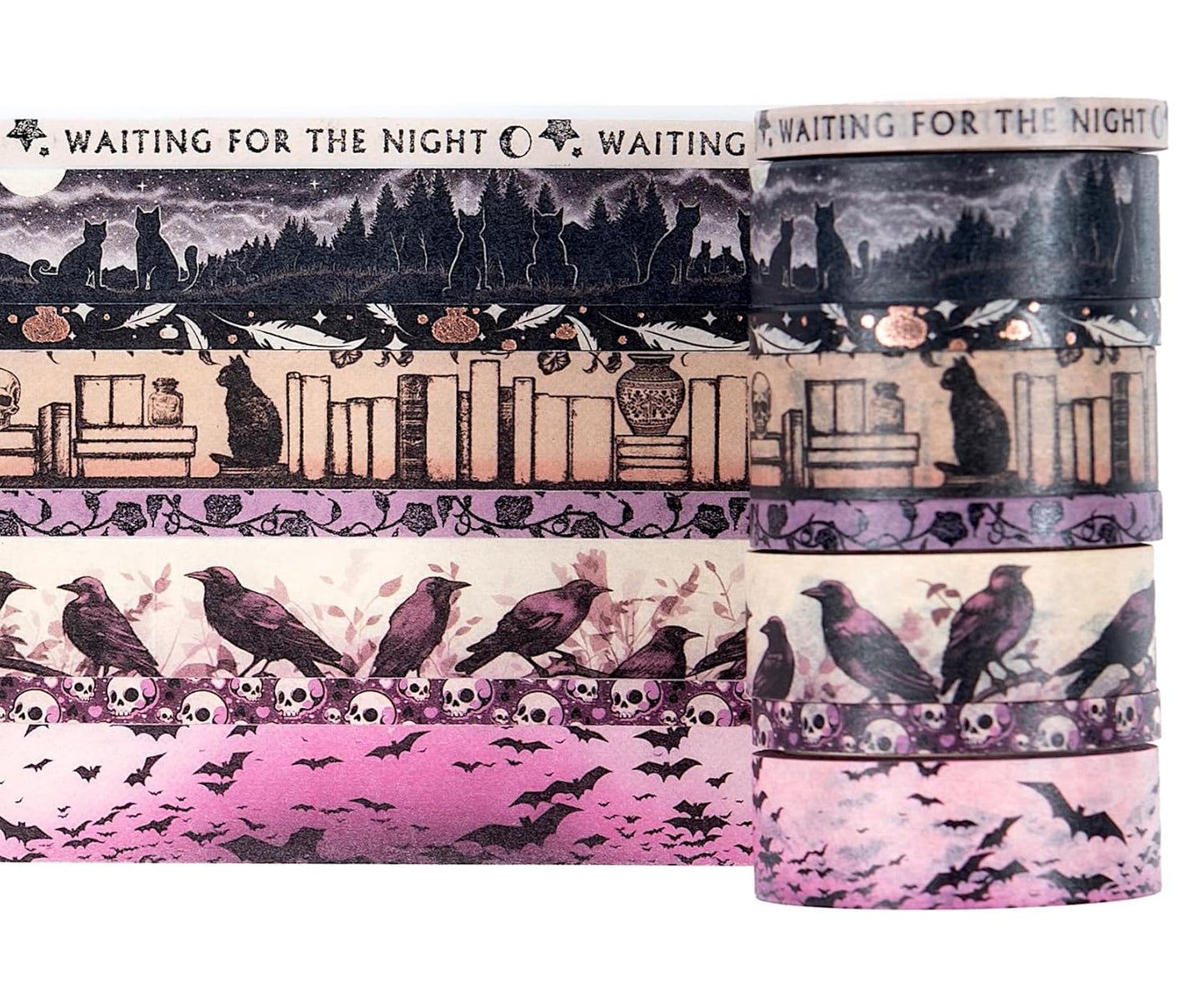 Conquest Journals Waiting for the Night Washi Tape Bundle, 8 Rolls, 4 15mm Rolls and 4 Corresponding 5mm Rolls, Goth Inspired Washi for All Your Planning, Journaling and Scrapbooking Projects