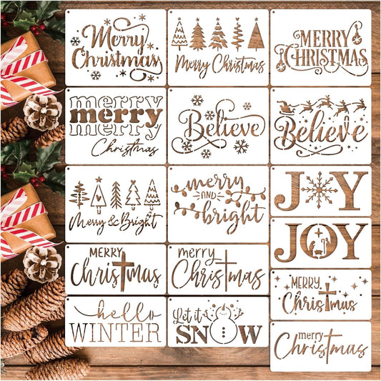 16pcs Merry Christmas Stencils for Card Making Reusable Drawing Believe Christmas Stencils for Painting on Wood Signs, Crafts, Wall Decorations