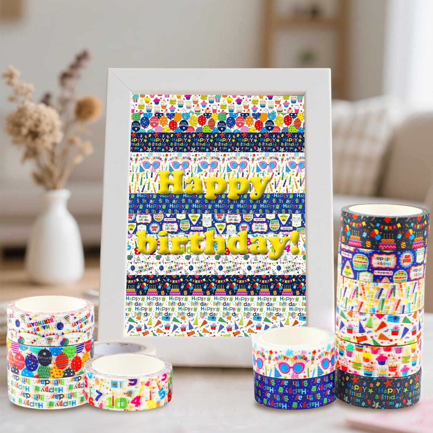 12 Rolls Happy Birthday Washi Tape, Colorful Cake Candles Masking Tapes, Balloons Birthday Hat Decorative Washi Tape for Birthday Party Gift Wrapping Scrapbooking DIY Art Crafts 16.4FT