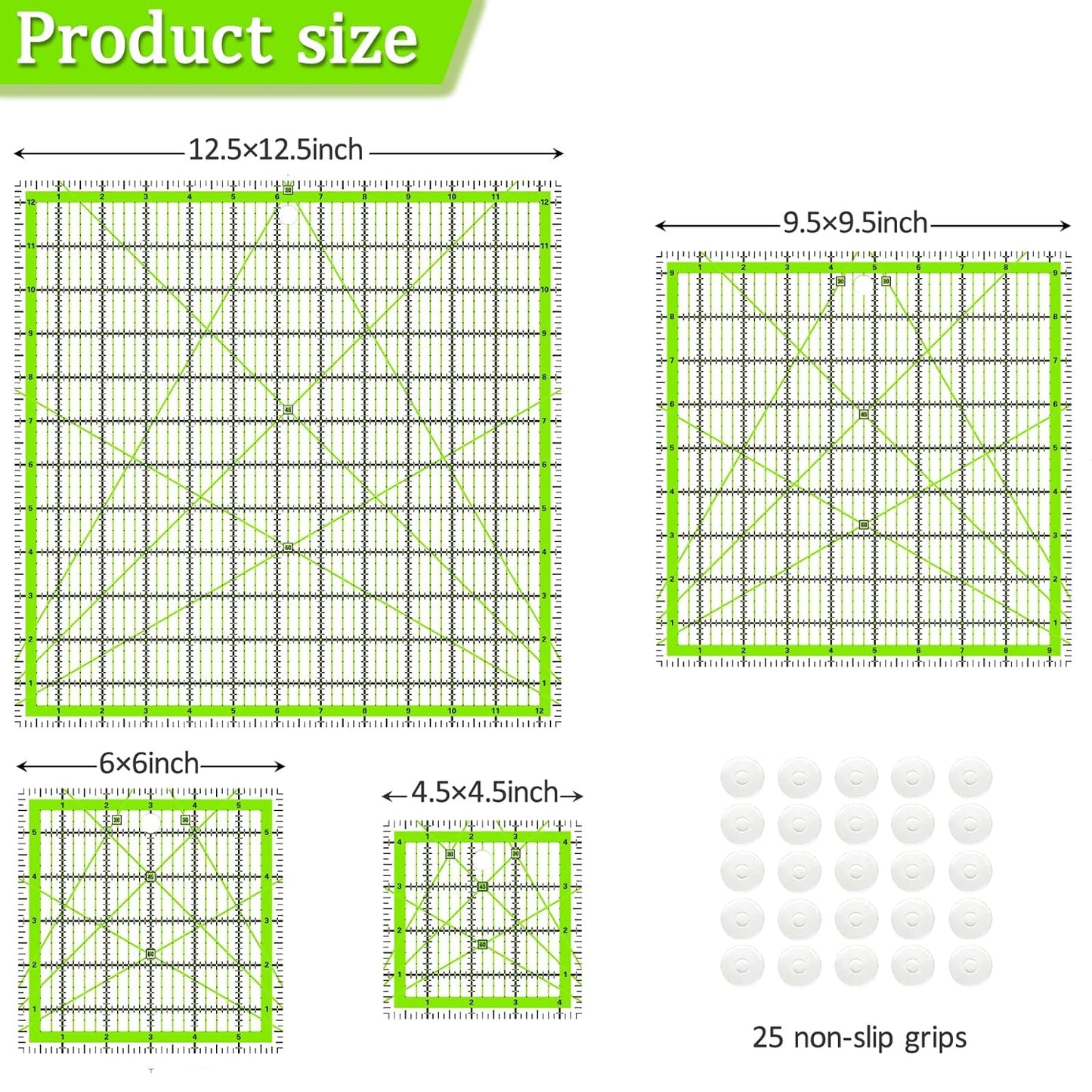 Quilting Rulers, Acrylic Quilt Ruler,4 Square Fabric Cutting Ruler (4.5"X4.5", 6"X6", 9.5"X9.5", 12.5"X12.5"), Quilting Templates with Non Slip Rings.