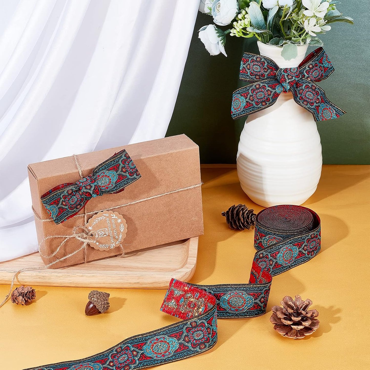 PH PandaHall 7 Yards Jacquard Ribbon, 1.3 Inch Vintage Sewing Emobridered Woven Ribbon Floral Fabric Trim Fringe Sewing Decor Trim for Boho Persian Ramadan Bag Straps Clothing Sewing Gift Home Decor