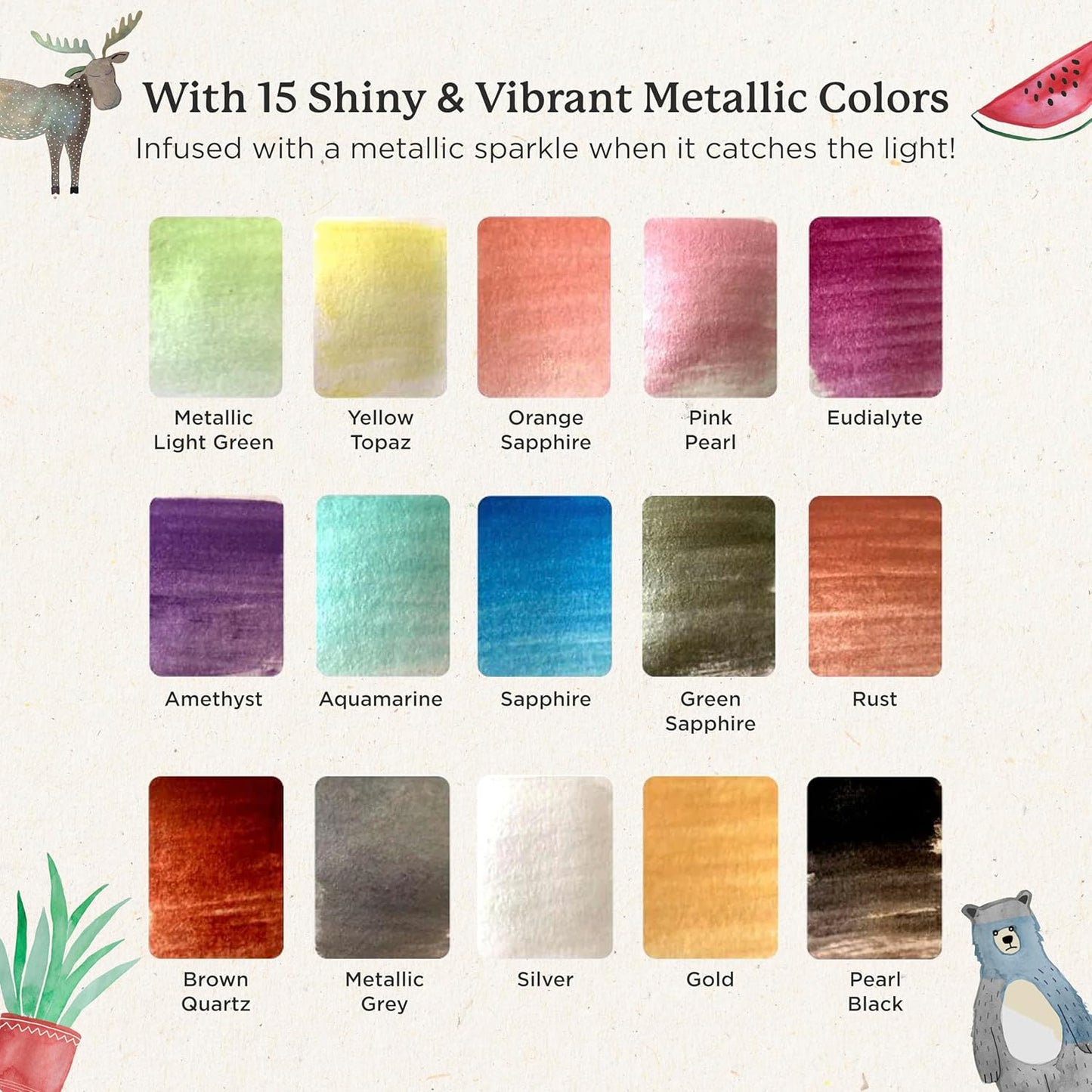 Viviva Colors Nano Watercolor Paint Set - 15 Metallic Watercolor Paints for Adults, Beginners, Artists, Hobbyists - Travel color palette, Vibrant & Handmade Mini Watercolor Kit with Mixing Palette