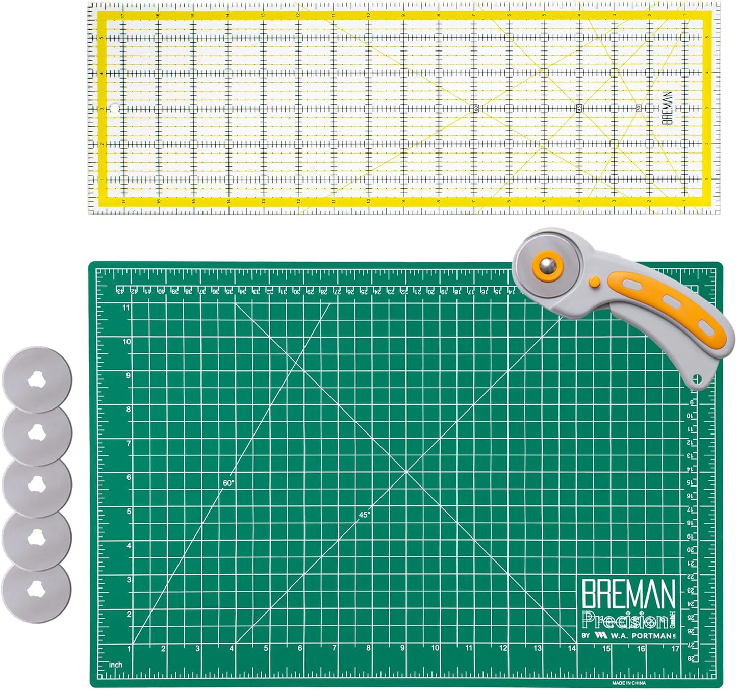 WA Portman Self Healing Cutting Mat & Rotary Cutter Set – 45mm Rotary Cutter for Fabric with 5 Extra Blades with 12x18 Fabric Cutting Mats for Crafts & 6x18 Acrylic Quilting Rulers – 3pc Sewing Kit