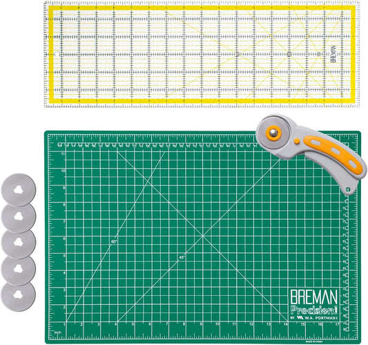 WA Portman Self Healing Cutting Mat & Rotary Cutter Set – 45mm Rotary Cutter for Fabric with 5 Extra Blades with 12x18 Fabric Cutting Mats for Crafts & 6x18 Acrylic Quilting Rulers – 3pc Sewing Kit
