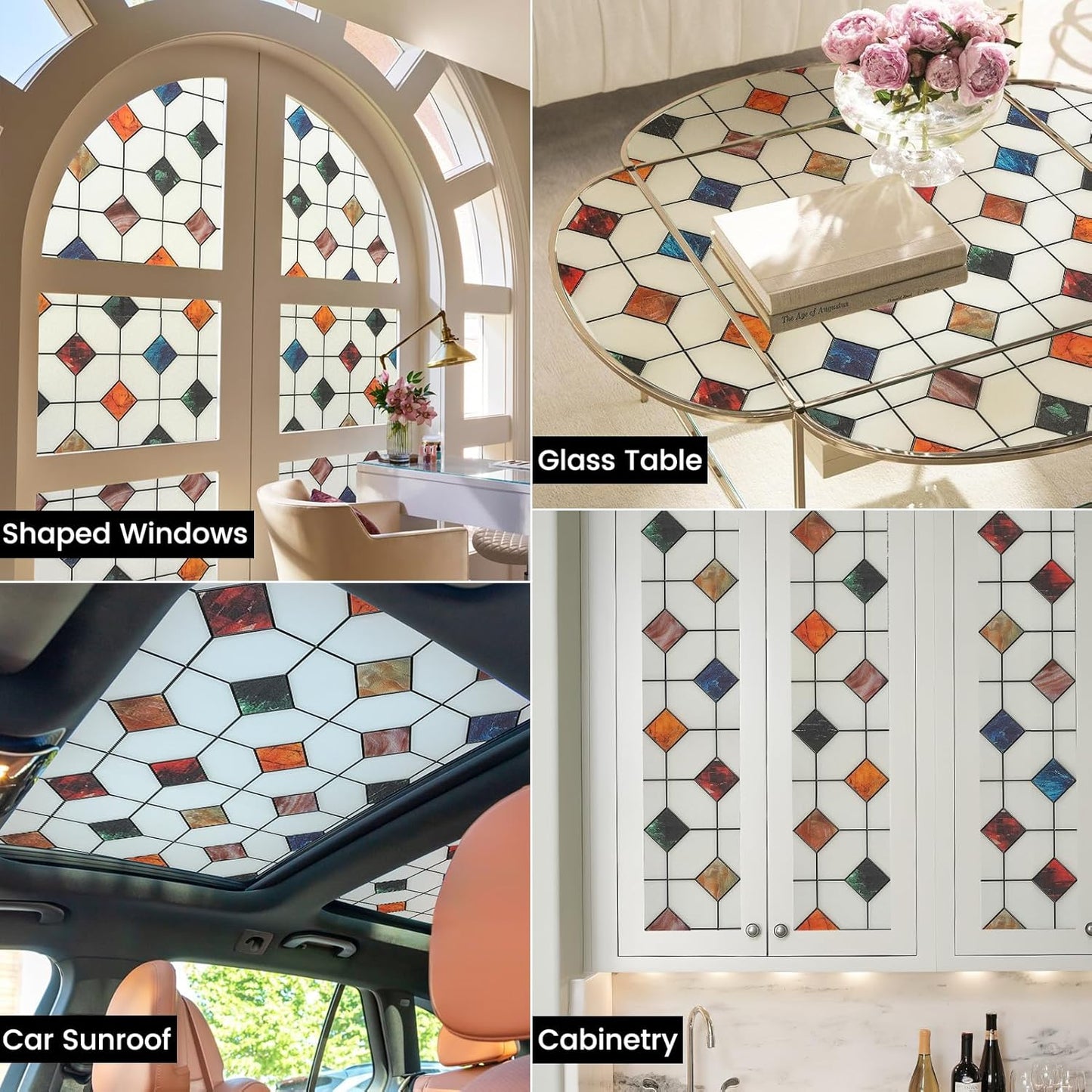 DKTIE Stained Glass Window Film Geometric Patterns, Fine Frosted Window Clings for Glass Windows, Waterproof for Bathroom Window Privacy Film Day and Night (S533, 17.7in X 118.1in)