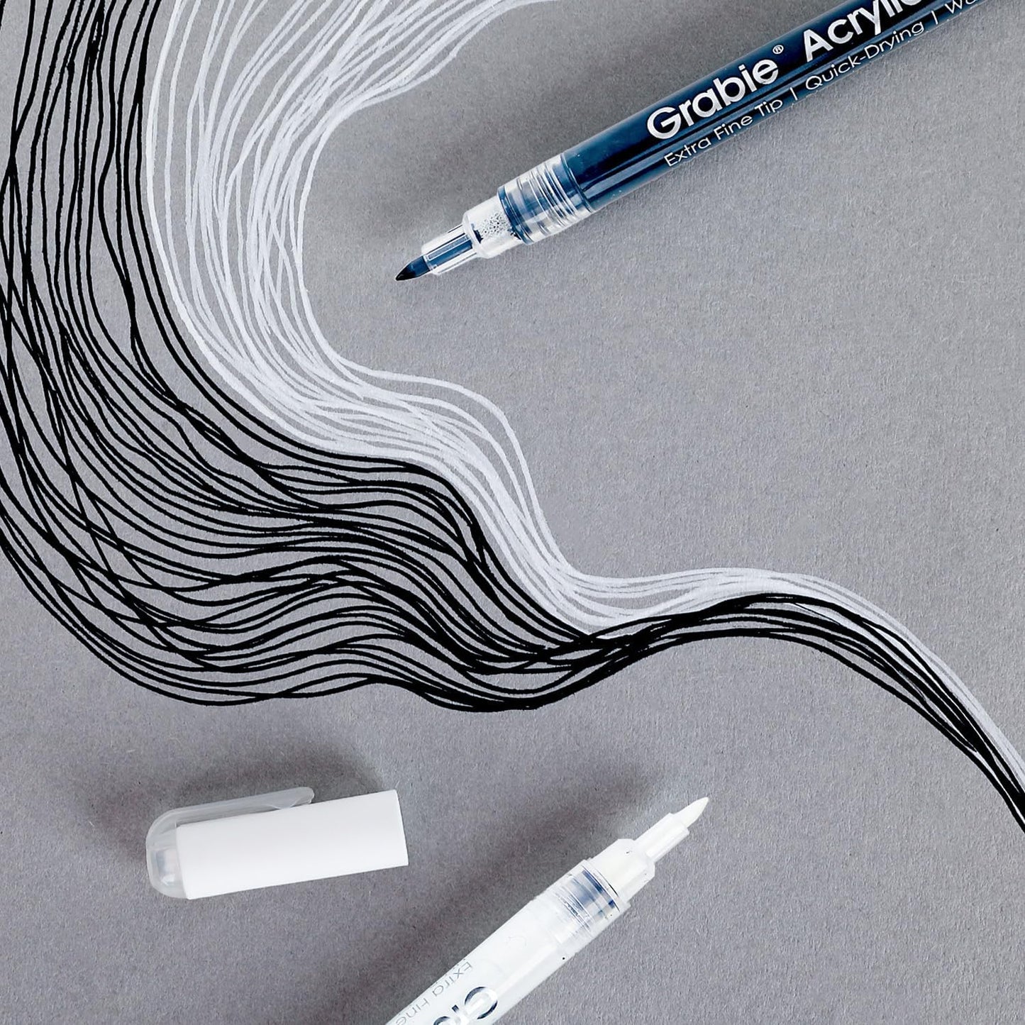 Grabie Black&White Extra Fine Tip Acrylic Paint Marker Set, 6 Pack, 0.7mm Acrylic Paint Pens for Highlights, White Highlight Markers
