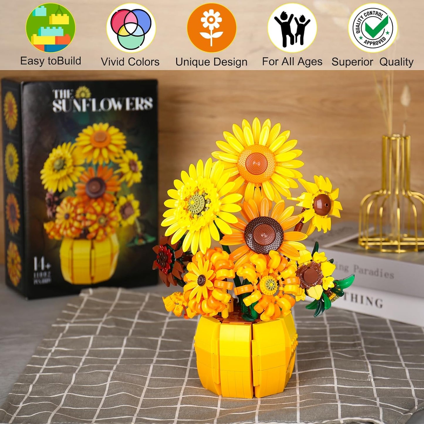 Sunflower Building Blocks Set for Adults, Van Gogh Art Botanical Collection, Sunflower Pot Kits Compatible with Lego Flowers, Gifts for Mother's Day Christmas Birthday (1009PCS)