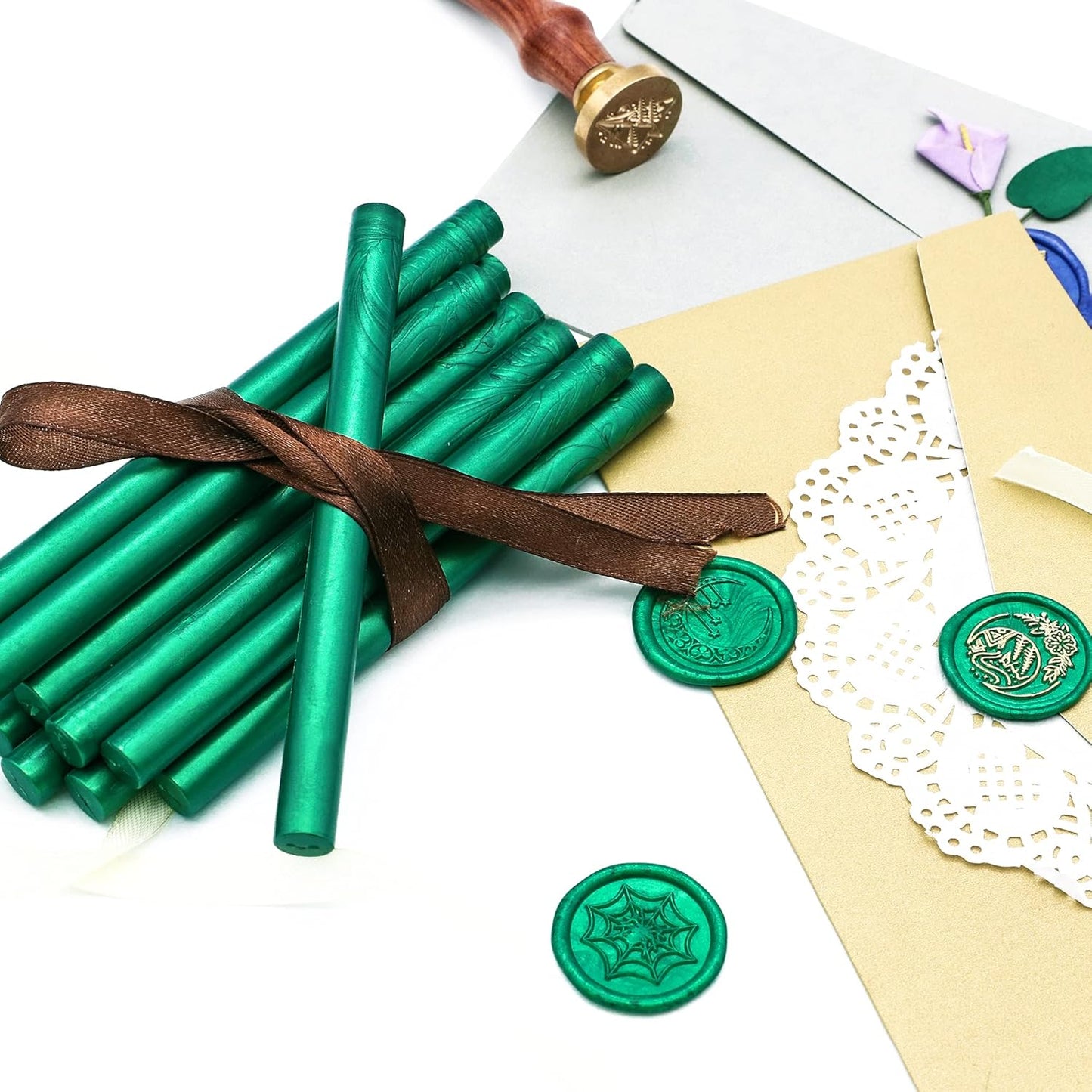 SWANGSA 20 Pieces Glue Gun Sealing Wax Sticks Metallic Green for Wax Seal Stamp, Great for Wedding Invitations, Cards, Envelopes, Wine Packages, Gift Wrapping (Metallic Green)