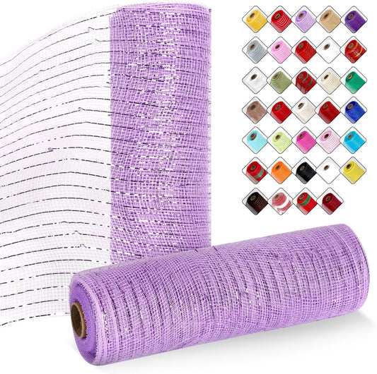 2 Rolls Mesh Ribbon for Wreaths 10 Inch x 30 Foot Wreath Mesh Rolls with Metallic Foil for Easter Christmas Party Wedding Home Decor DIY Craft Projects and Gift Wrapping (Light Purple)