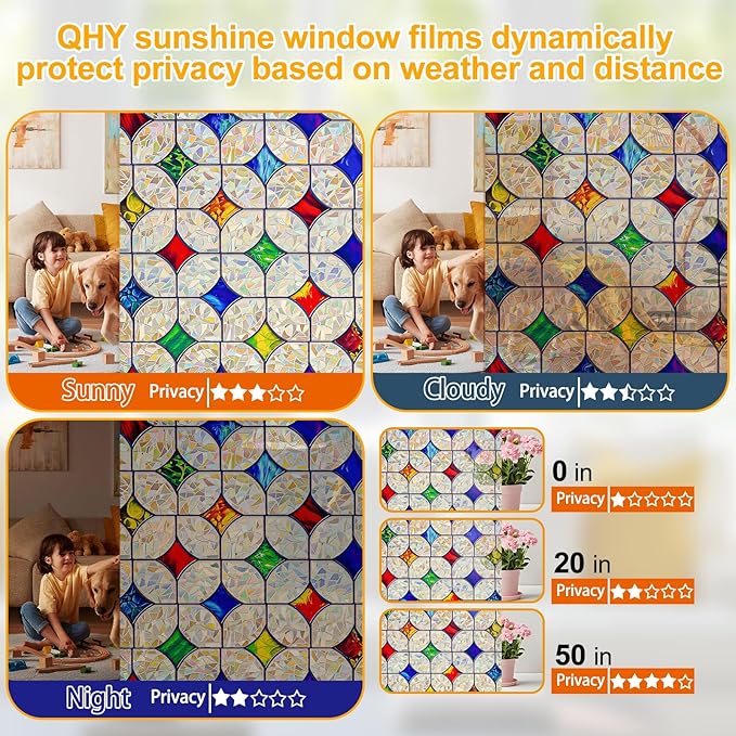QHY Sunshine Colorful Rainbow Stained Glass Window Film Non-Adhesive Window Privacy Film Reusable Decorative for Room (Rainbow Mosaic, 17.5 X 157.4 in)