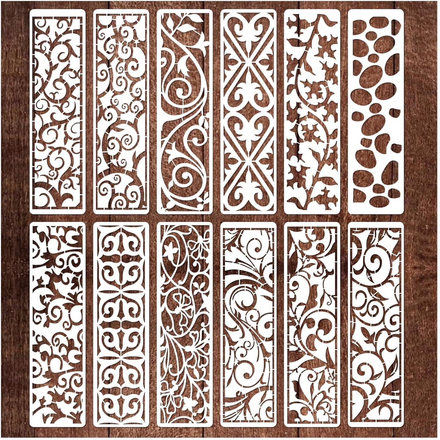 12 Pieces Border Stencils for Painting, Leaf Stencil Template Reusable Furniture Cake Decorative Stencils for Wood DIY Craft Canvas Fabric (12 Border Floral)
