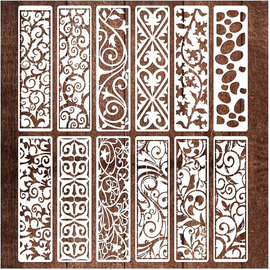12 Pieces Border Stencils for Painting, Leaf Stencil Template Reusable Furniture Cake Decorative Stencils for Wood DIY Craft Canvas Fabric (12 Border Floral)