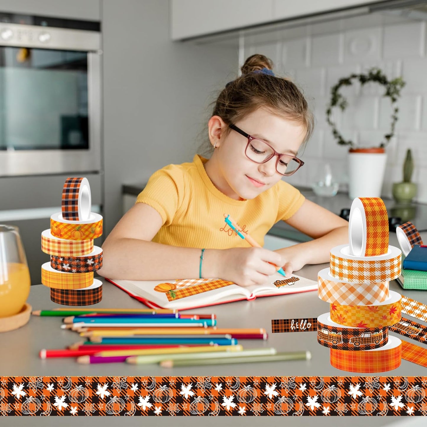 12 Pcs Thanksgiving Washi Tape Fall Maple Leaf Masking Tape Pumpkin Pattern Decorative Paper Sticker for Fall Party Holiday Scrapbook DIY Craft Gift Wrapping Handbook Sticker