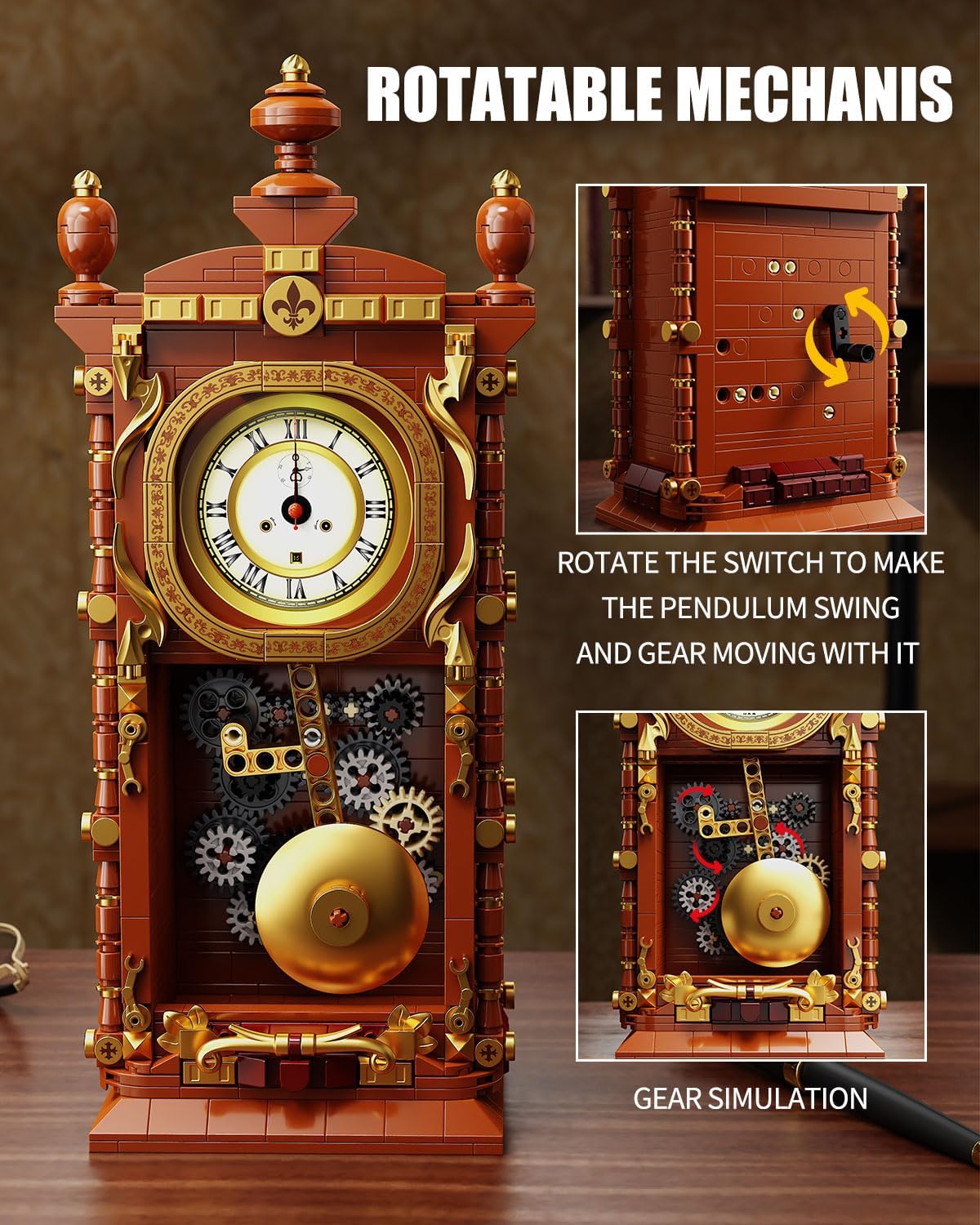 Vintage Pendulum Clock Building Block Set, Stem Toy with Real Clock Function and Linkable Mechanical Pendulum, Unique Home Decoration and Collectible for Adults&Kids 6+
