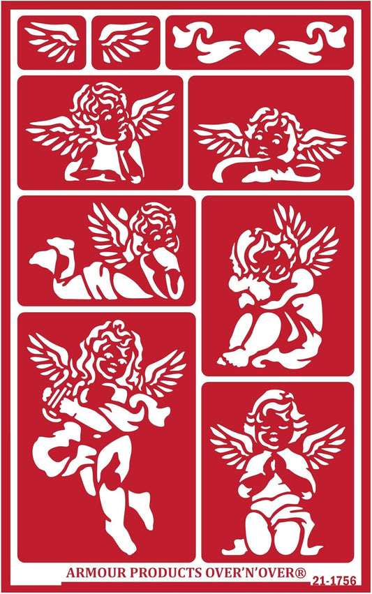 Over'N'Over Reusable Glass Etching Stencils – Durable Self-Stick Designs for Glass, Mirrors, and Ceramics with Armour Etch Cream – 5” x 8” Stencil Sheet - Cherubs